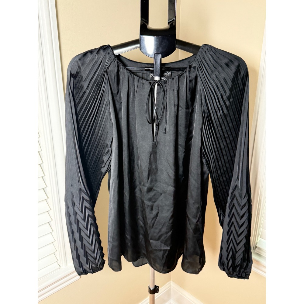 Johnny Was Jade Black Satin Pleated Sleeve Keyhole Blouse XL L15923-O
